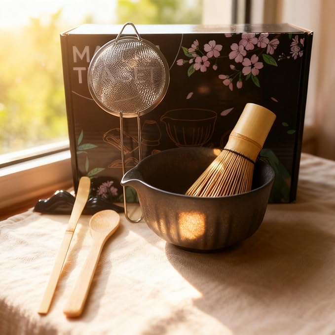 Matcha Set Whisk and Bowl, 8 Pcs Matcha Making Kit includes Bowl with Spout, Bamboo Whisk, Bamboo Scoop, Ceramic Holder and Stainless Sifter for Tea Matcha Lover, Gilded