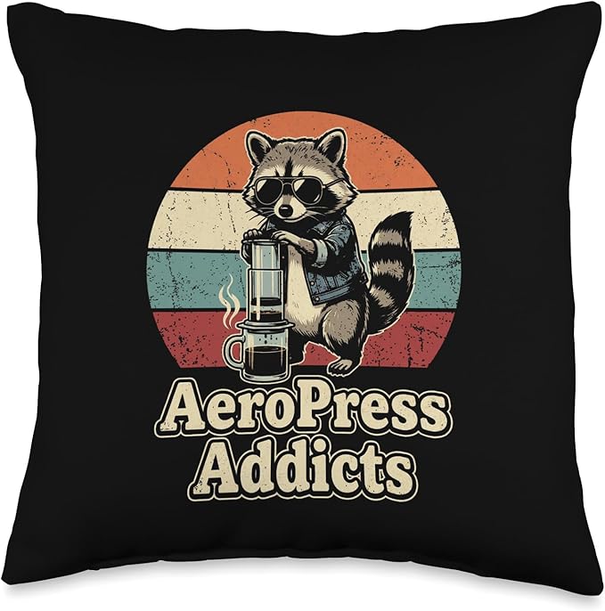 Retro Raccoon Coffee Lover Shirts AeroPress Addicts Throw Pillow