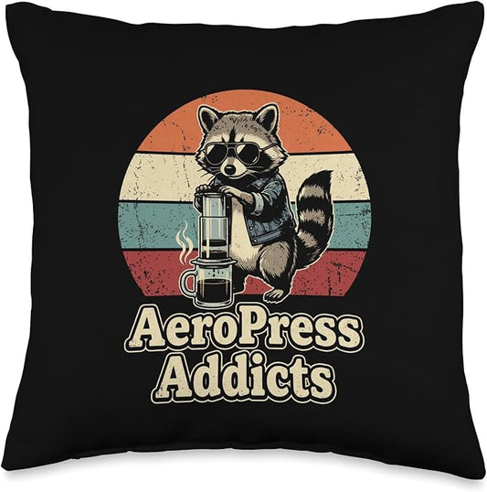 Retro Raccoon Coffee Lover Shirts AeroPress Addicts Throw Pillow