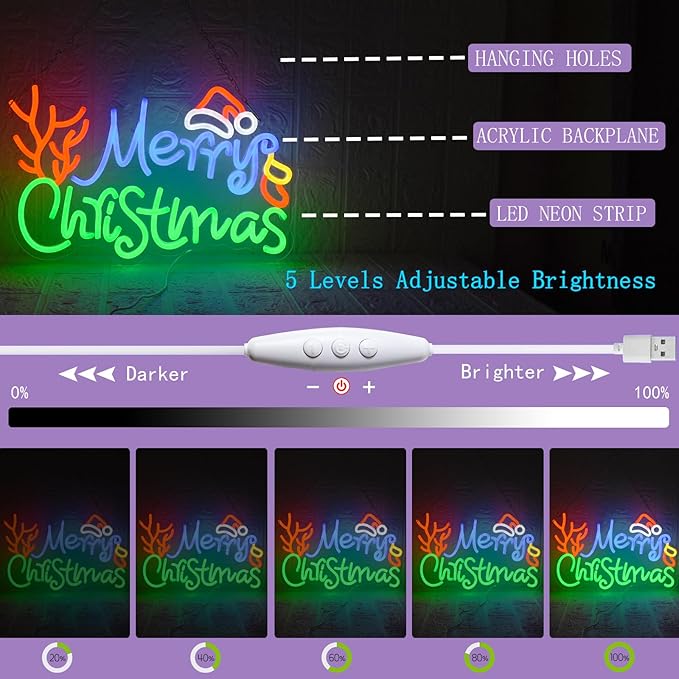 Merry Christmas Neon Sign Dimmable LED Merry Christmas Light Sign for Wall Decor, USB Powered LED Colorful Sign with Hat for Bedroom Living Room Kids Room Decoration