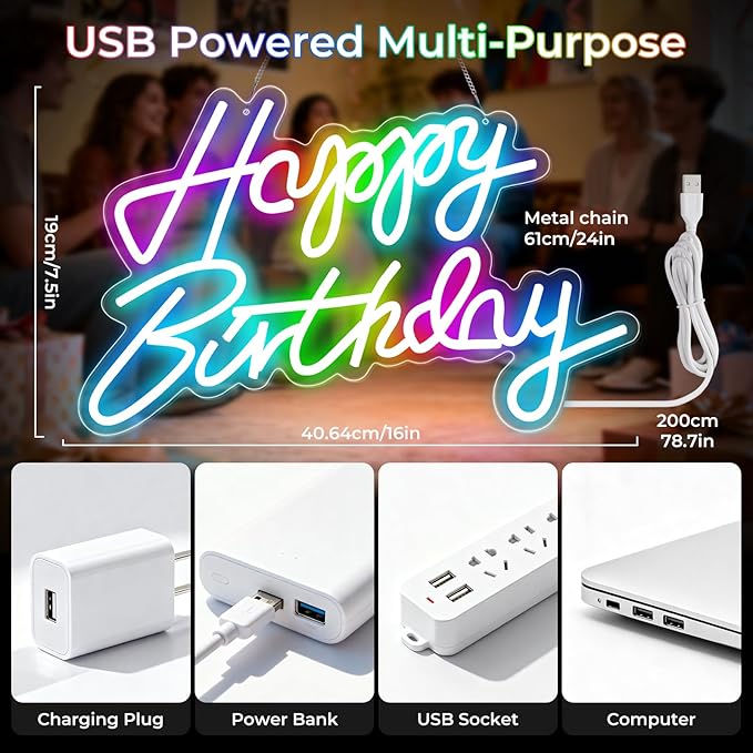 Happy Birthday Sign for Wall Decor, RGB Led Happy Birthday Decorations For Party And Remote Control, USB Powered Dimmable Neon Light.Corlorful Happy Birthday Light Up Sign.