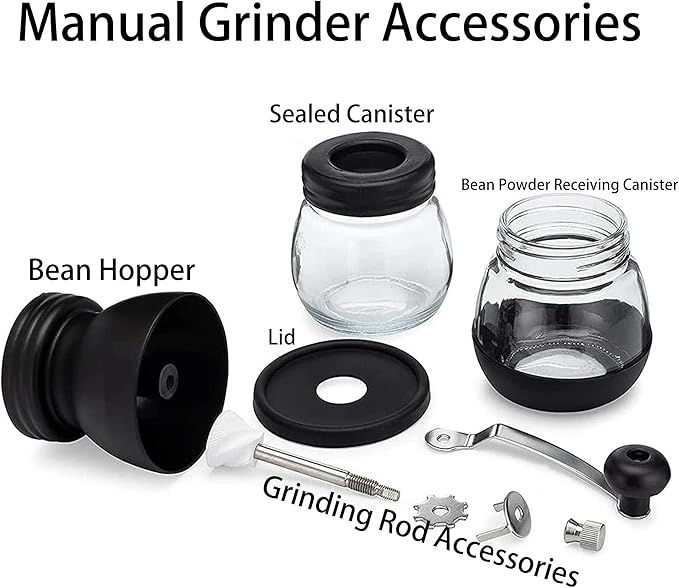 4-Piece Mini Manual Coffee Grinder Set with Conical Ceramic Burrs, Manual Adjustable Coarseness, Includes Two Glass Jars, Cleaning Brush, and Measuring Spoon