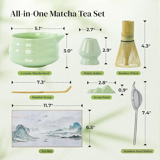 DOWAN Matcha Whisk Set, 7 Pcs Matcha Set Includes Bowl with Spout, Whisk and Holder, Bamboo Scoop and Holder, Sifter and Tea Towel - Matcha Kit Gift for Lovers Beginners (Green)