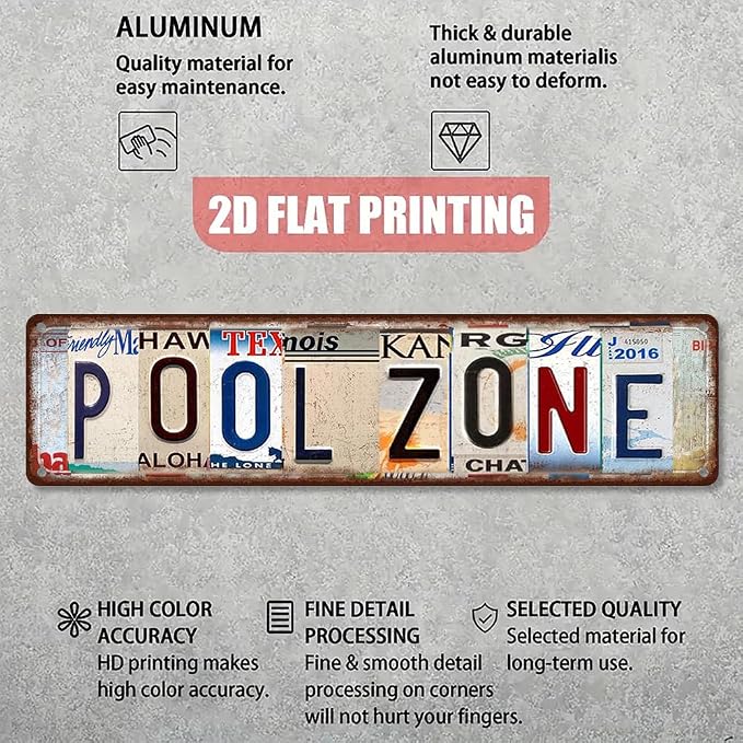 Vintage License Plate POOL ZONE Sign – 16x4 Inch Rustic Tin Wall Décor for Backyard Pool, Patio, Hot Tub, Cabana or Outdoor Swimming Area - Image 3