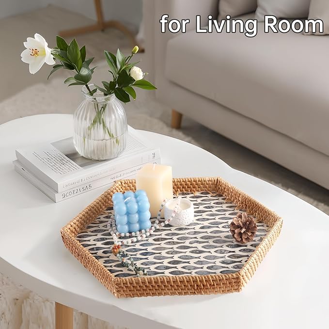 Hexagon Rattan Tray with Mother of Pearl Inlay, Rattan Serving Tray for Coffee, Bread, Fruits, Snacks, Decorative Wicker Tray for Table Decor, Home Decor (Little Bluefish, 14.5"×12.8")