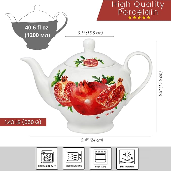 Porcelain Teapot 40 oz. Microwave & Dishwasher Safe Tea Pots for Tea, Pots for Women Gift (Sweet Pomegranate)