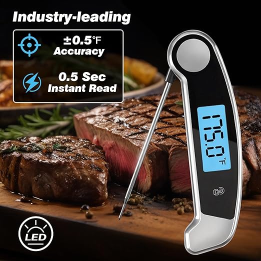 Meat Thermometer Digital Waterproof Instant Read Thermometer for Cooking Food Thermometer with Backlight & ±0.5℃ Precision Cooking Thermometer for Kitchen ℃/℉ Convertible Grey