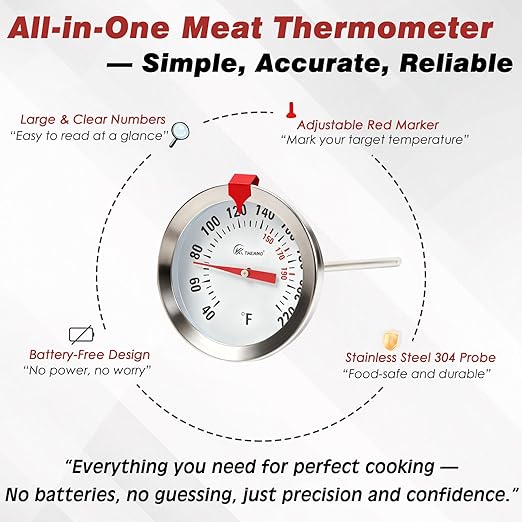 Oven Safe Meat Thermometer for Roasting and Grilling, 2-Inch Large Dial Analog Food Thermometer with Adjustable Target Marker, 304 Stainless Steel 4.3" Probe, Leave in Oven for Turkey, Beef