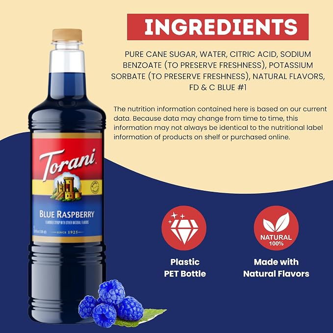 Torani Blue Raspberry Syrup 1 Liter Bottle with Pump Dispenser – Flavored Syrup with Pure Cane Sugar & Natural Ingredients – Perfect for Snow Cones, Shakes, Cocktails & Desserts - Image 5