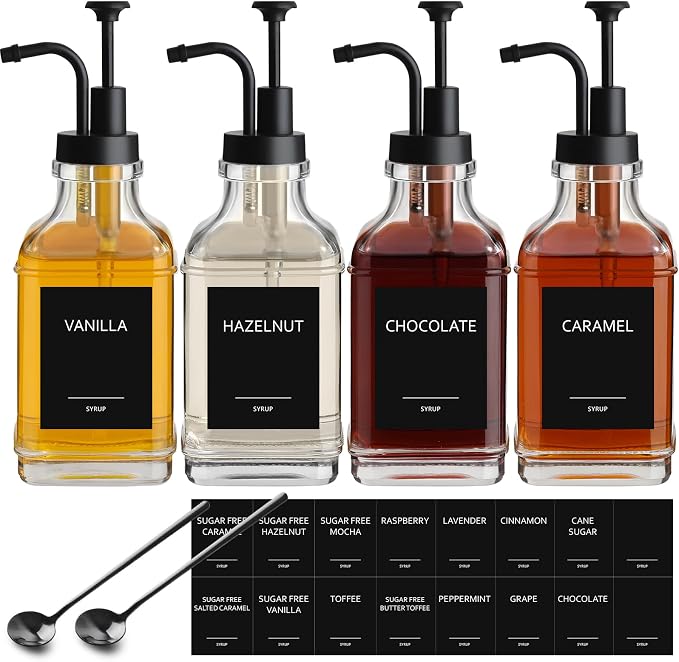 Coffee Syrup Dispenser, Coffee Bar Accessories 16.9 fl oz/500ml, Glass Syrup Dispenser with Pump Dispenser, Labels, Spoons for Coffee Bar, 4 Pack by ALPIRIRAL