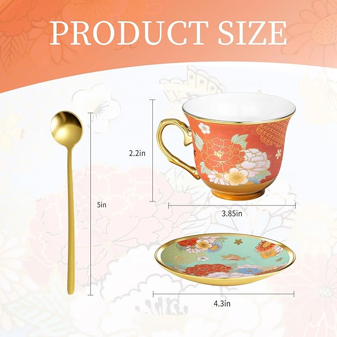 8 Set Tea Cups and Saucers, 8 OZ Floral Porcelain Cup and Saucers Set for Latte Cappuccino Espresso Mocha Afternoon Tea Birthday Wedding Party Supply Housewarming Women Gift