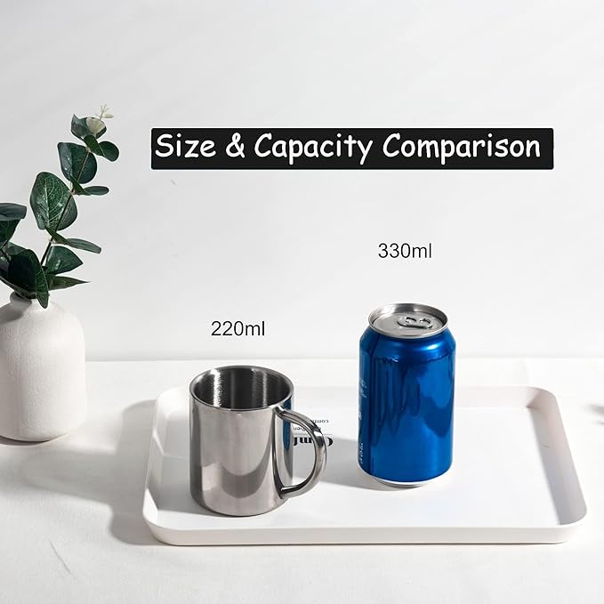 IMEEA 7.5oz Small Espresso Mug Stainless Steel, Double Walled Coffee Cup with Handle for Kids, Milk & Water, Set of 2