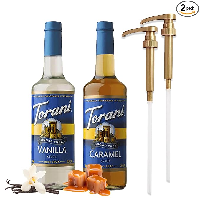 Coffee Syrup Variety Pack - Sugar Free Caramel & Vanilla Syrups for Coffee with 2 Jimoco Syrup Pump Dispenser Compatible with 25.4 Ounces Syrup Bottle - Flavoring For Coffe, Soda, Frappes, Lattes