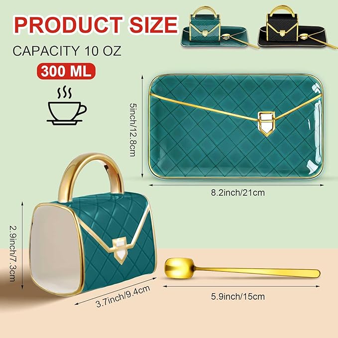 Zubebe 2 Set Coffee Mug Elegant Handbag Shaped Cup Mother's Day Modern Ceramic Purse Mug with Spoon and Saucer, 10oz Cute Creative Tea Cup for Woman Girls Gift (Dark Green,Black)