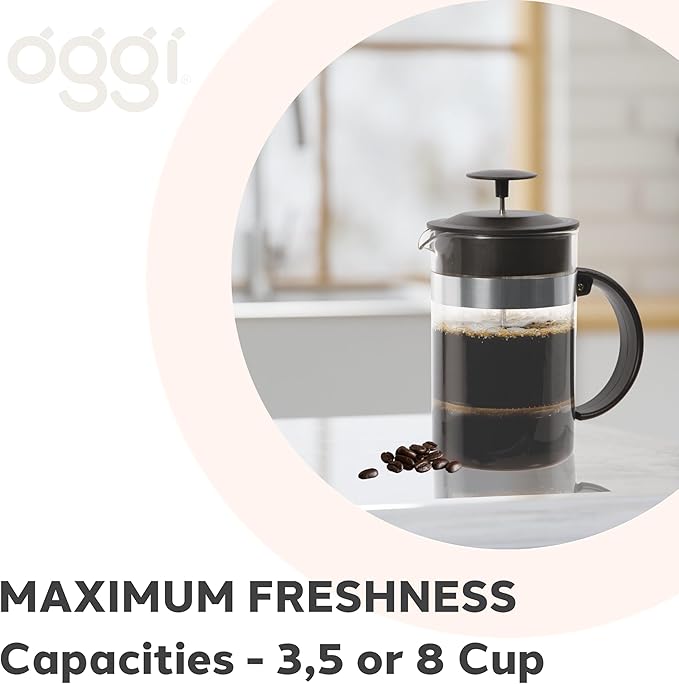 Oggi Triple Mesh Filter French Press Coffee Maker (34 fl oz)- 8 Cup / 1 lt Capacity, Coffee Press, Single Serve Coffee Maker, Stainless Steel Lid & Plunger, Make Great Coffee Gifts, Black