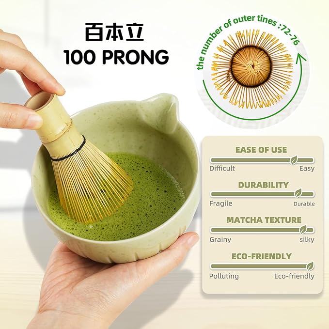 Matcha Whisk Set - 5PCS Matcha Kit for Ceremony, Ceramic Matcha Set Bowl with Spout, Bamboo Whisk(Chasen) with Ceramic Holder, Ideal Gift Christmas, Birthday, Anniversary (Matcha Green)