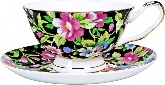 Tea cup and Saucer Set Royal Garden Style Tea Coffee Cup with Saucer 7 Ounces Bone China Teacup and saucer Set(Black)