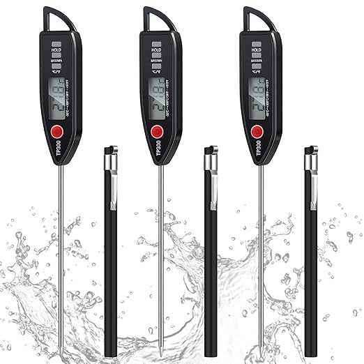 3 Set Waterproof Food Thermometer for Water, Liquid, Candle and Cooking Digital Meat Thermometer with Long Probe Instant Read for Kitchen BBQ Grill Candy (Black)