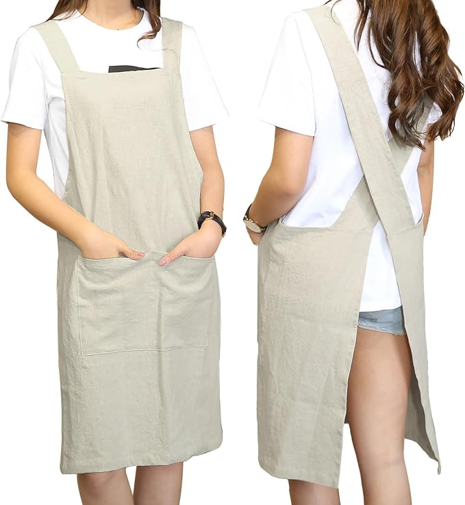 Japanese Style Apron, X Cross Back Strap Aprons, Linen and Cotton Blend Apron, No Tie Design with 2 Practical Front Pockets, Perfect for Women Men Baking Painting Gardening Cleaning (Beige) by KKTOCHVC