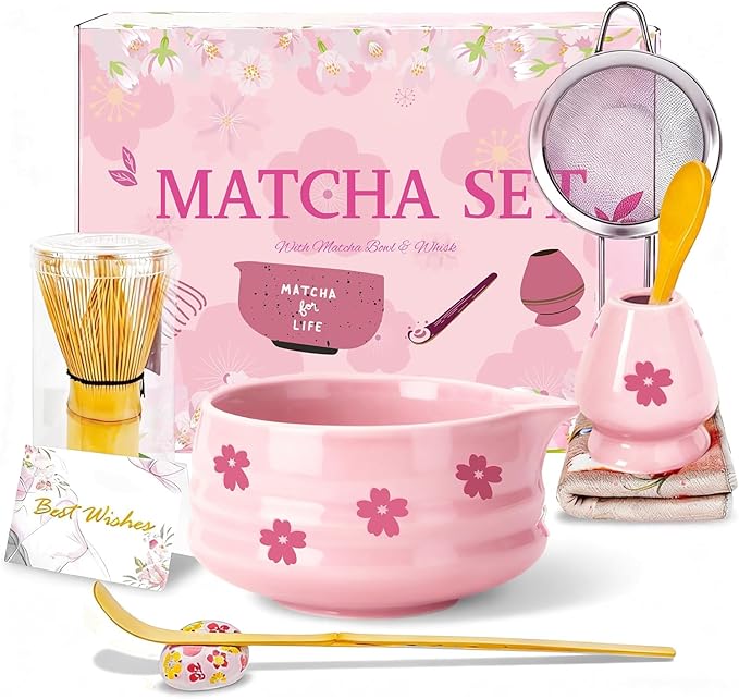 8Pcs Cute Ceramic Matcha Set with Whisk Bowl, Matcha Tea Kit Holder, Bamboo Scoop, Sifter, Towel Included, Valentine's Mother's Day Gift for Matcha Lover Women (Pink Sakura)