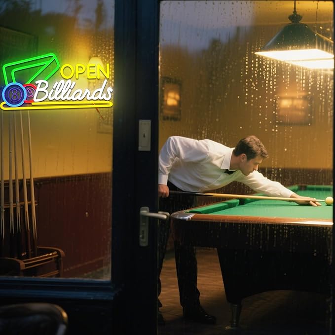Billiards Neon Open Sign for Wall Decor Dimmable 16.54" x 8.78" Led Sign for Pool Room USB Powered Neon Light for Business Game Room Billiard Club Bar Pub Party Man Cave Decoration
