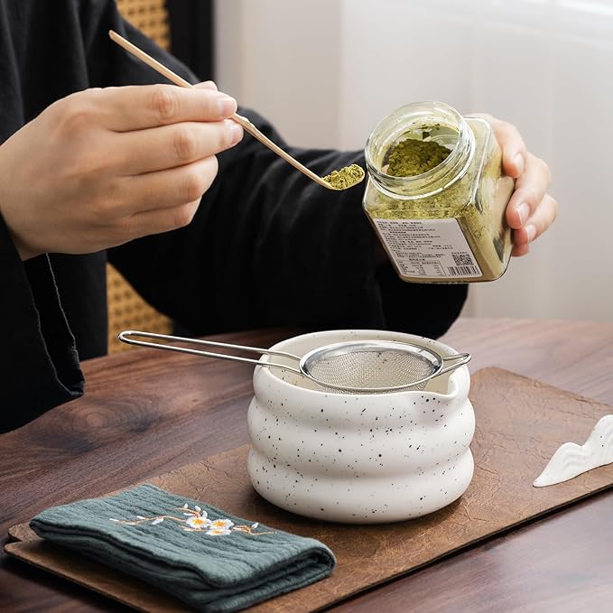 7Pcs Japanese Matcha Tea Set, Matcha Kit with Matcha Bowl (with Pouring Spout), Matcha Whisk, Whisk Holder, Strainer - Elegant Matcha Set for Gifting and Personal Use, Gift Box Packaging (white)