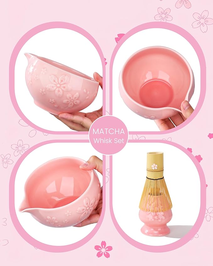 Matcha Whisk Set, 6pcs Matcha Kit Includes Matcha Bowl with Spout, Bamboo Whisk & Scoop with Cute Charm, Chasen Holder, Innovative Sifter, Tea Mat for Latte Making, Pink