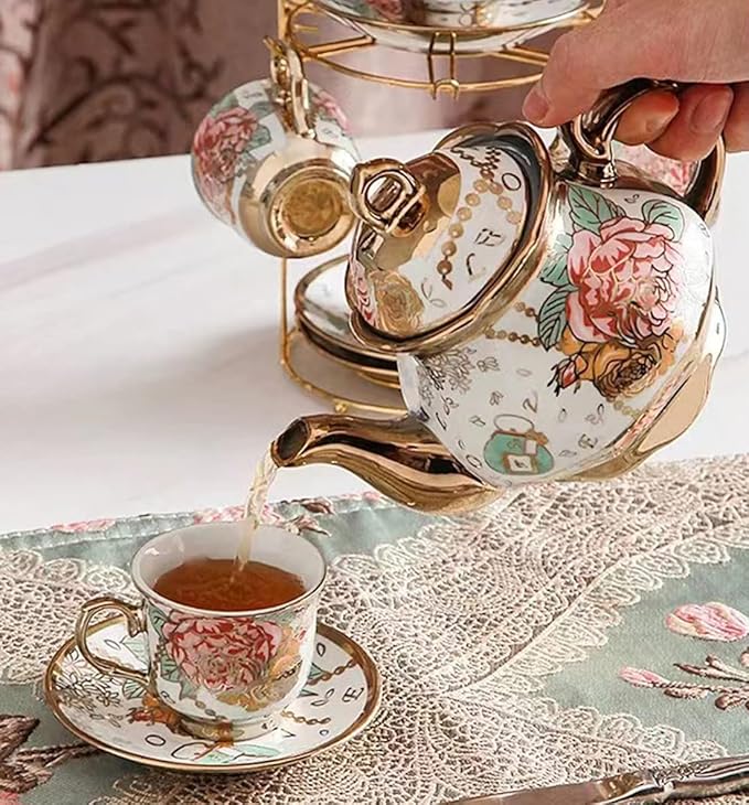 CHANJOON Gold Plated Red Rose Ceramic Tea Set, Vintage Teapot, Beautiful Tea Set Coffee Serving 6 People (Golden, large)