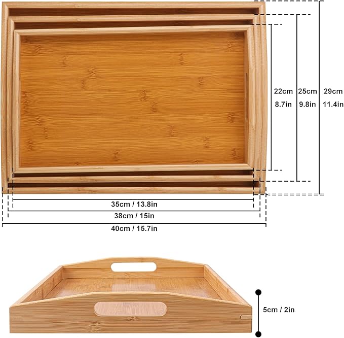 3 PCS Bamboo Serving Tray, 3 Size Nested Breakfast Bed Tray with Handle, Wood Serving Tray for Serving, Breakfast Bed Trays for Eating, Decor, Displaying Cake, Fruit