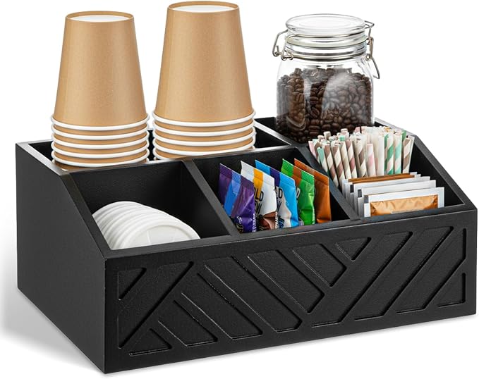 Kifmurase Black Coffee Station Organizer for Counter, Wood Coffee Pods Holder Storage Basket with 5 Compartments, Coffe and Tea Condiment Basket Storage Organizer, Farmhouse Bar Accessories Decor by Unknown