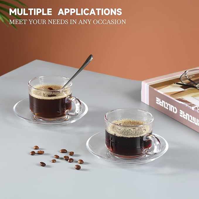 Glass Tea Cups and Saucers Set of 6, Clear Coffee Mugs with Stainless Steel Spoon, Dishwasher & Microwave Safe Teacups for Espresso Cappuccino Latte Tea Juice, 6OZ/180ML
