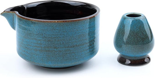 Japanese Matcha Bowl, Glazed Ceremonial Matcha Bowl with Whisk Holder for Matcha Powder/Matcha Tea/Japanese Matcha (Blue(w/Spout))