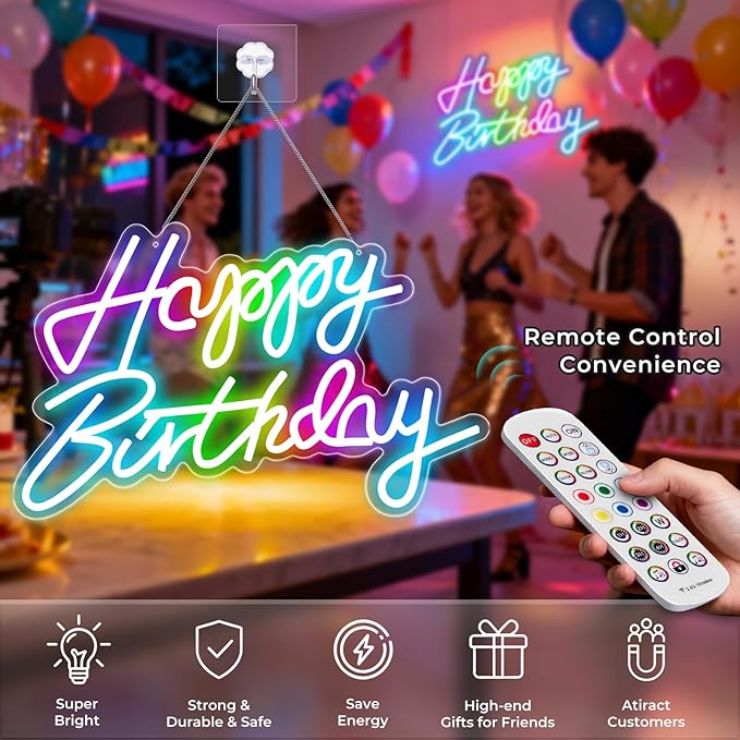Happy Birthday Sign for Wall Decor, RGB Led Happy Birthday Decorations For Party And Remote Control, USB Powered Dimmable Neon Light.Corlorful Happy Birthday Light Up Sign.