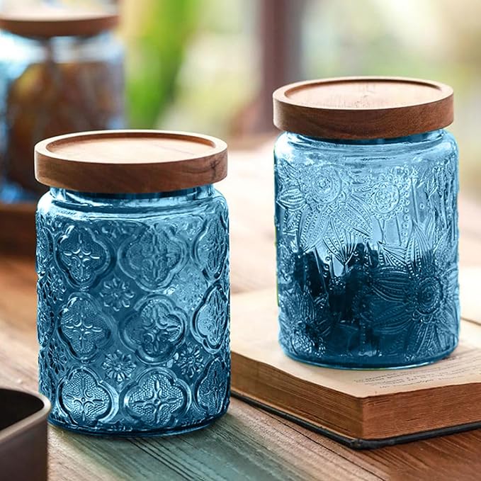 Glass Jar with Lid, Vintage Glass Storage Jars with Airtight Lid Coffee Canister Sugar Container for Kitchen Counter Pantry, Spice, Candy, Coffee Beans, Tea, Cookie (24 FL OZ Blue Sunflower)