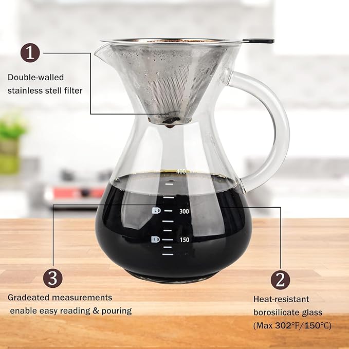 T-mark Pour Over Coffee Maker with Reusable Double-layer Stainless Steel Filter, 400ml/14oz BPA-Free Glass Coffee Carafe, Glass Coffee Maker, Coffee Dripper Brewer