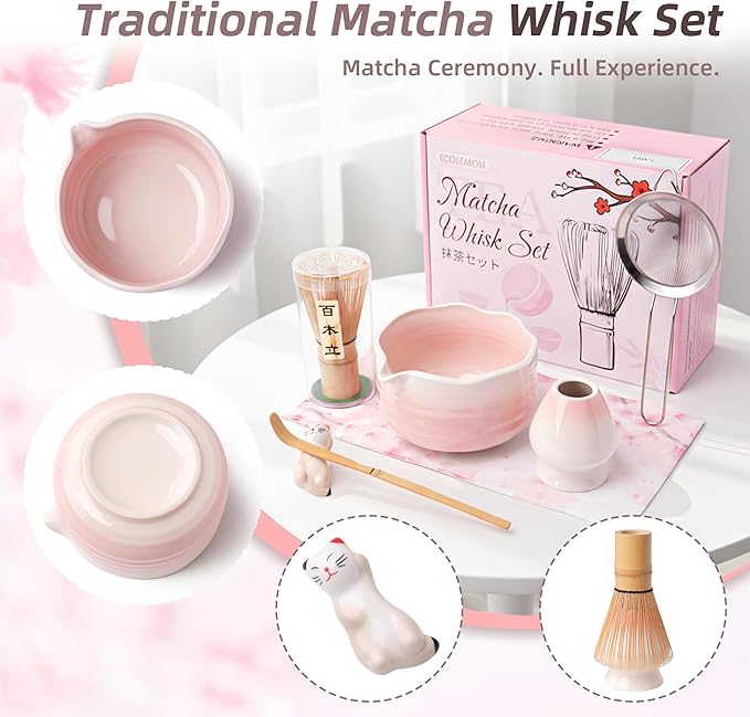 7-Piece Pink Matcha Set, 18oz Gradient Pink Sakura Matcha Bowl with Spout, Bamboo Whisk and Holder, Matcha Kit, Cute Macha Gift Set for Women & Matcha Lovers Starters, Mother's Day Gift