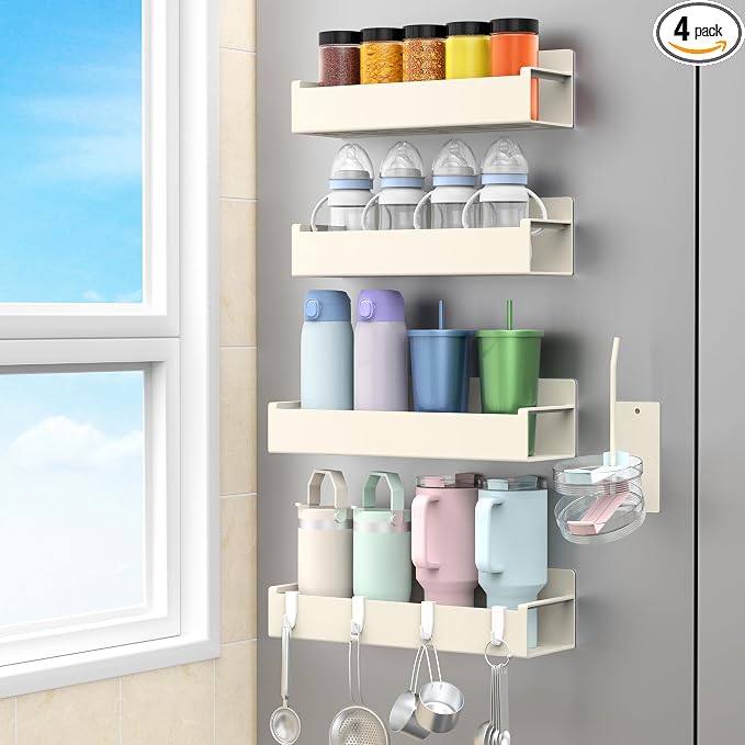 HuggieGems Magnetic Water Bottle Holder for Refrigerator, Cup Holder Organizer for Stanley and Tumbler for Kitchen, 4 Pack, Cream White by HuggieGems