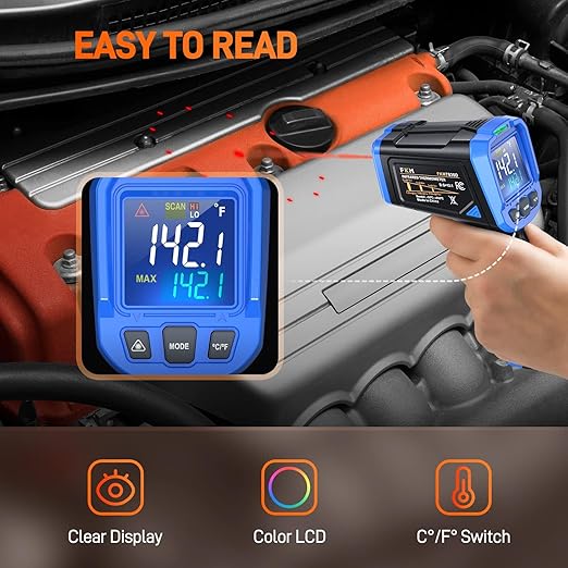 FKM Laser Thermometer Gun -58°F~1112°F(-50°C~600°C),Non Contact Infrared Thermometer Gun for Industrial,Engine,HVAC,Kitchen Cooking,Digital Temperature Gun Adjustable Emissivity,Not for Human