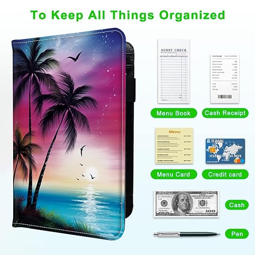 Server Books for Waitress, with 7 Large Pockets, Waiter Serving Book, Waitstaff Server Order Pads, Cute PU Leather Server Book with Pen Holder Fit Server Apron, Beach Palm Trees - Image 5