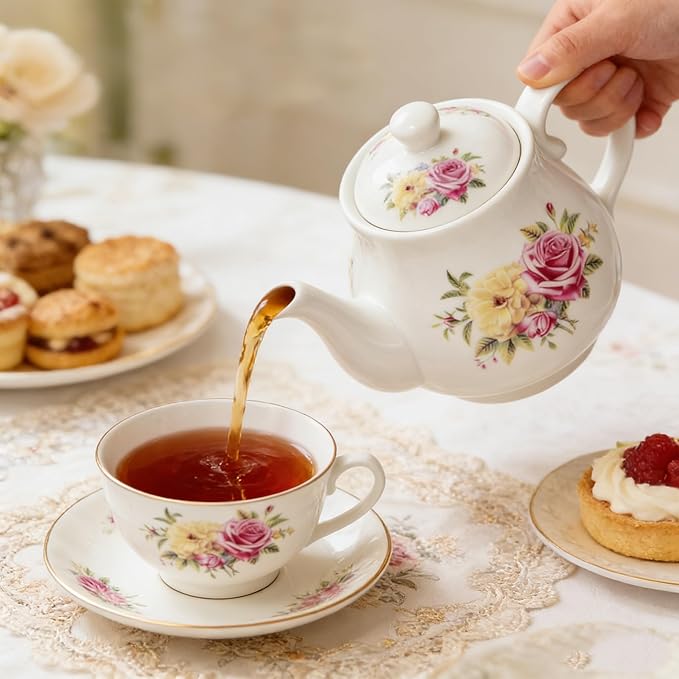 European Style Porcelain Teapot, Small Teapot with Flowers Coffee Tea Water Pot Vintage Ceramic Litter Kettle (14oz)