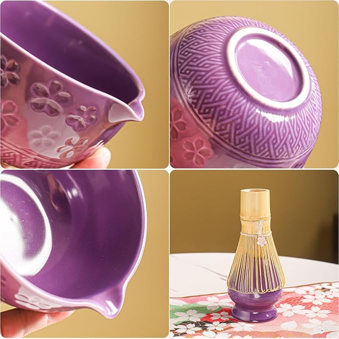 8-Piece Matcha Ceremony Set - Tea Kit with Cherry Blossom Bowl, Bamboo Whisk, Wood Scoops, Tea Cloth & Floral Display - Gift-Ready Pink Cherry color box (Purple;)