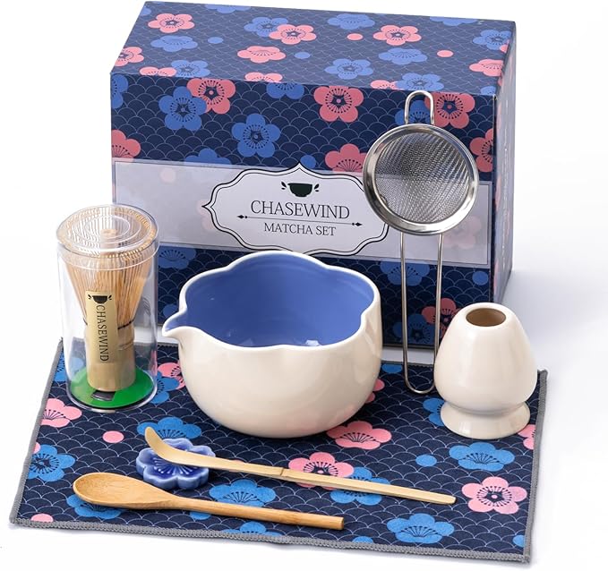 Matcha Set, 8Pcs Floral Ceramic Matcha Kit with Matcha Whisk, Holder, Scoop, Scoop Rest, Sifter, Spoon and Tea Towel - Thoughtful Matcha Whisk Set Gift for Matcha Lovers (Beige & Blue)