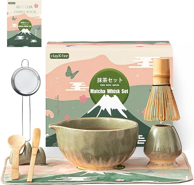 Clay&Fire Matcha Whisk Set，9 Pcs Ceramic Matcha Set, 15 OZ Matcha Bowl with Spout and Whisk for Friend, Ideal Gift for Matcha Lover（Starry）