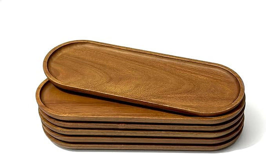 Small Wooden Oval Tray (11.3 x 4.1 inch) 6 Pack, Mini Serving Tray for Coffee Tables, Dessert, Snack, Fruit, Acacia Wood Platter for Vegetable, Decor Restaurant