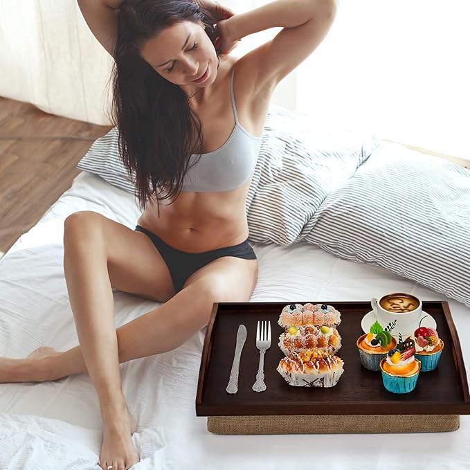 Tioncy 1 Piece Bamboo Lap Tray with Detachable Pillow 16.9'' x 13'' Lap TV Trays Desk with Handles for Adults Eating in Recliner Breakfast Housewarming Gift (Walnut Brown)