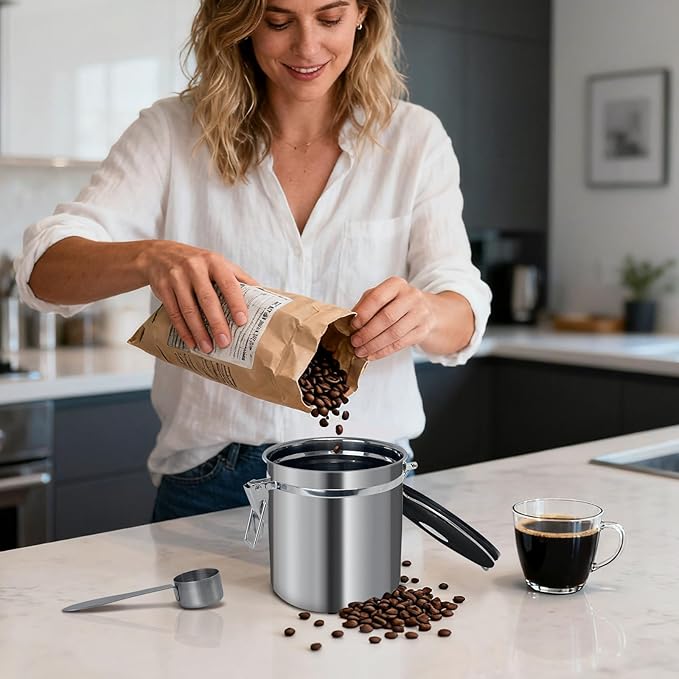 1.5L Airtight Vacuum Coffee Canister, Stainless Steel Storage Container for Coffee Beans and Grounds with Scoop.Suitable for coffee powder, coffee beans, rice, tea leaves, sugar, flour, and grains