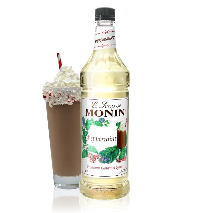 Monin - Peppermint Syrup, Cool Tingle of Candy Cane, Natural Flavors, Great for Cocoas, Mochas, Smoothies, and Sodas, Non-GMO, Gluten-Free (1 Liter) by Monin