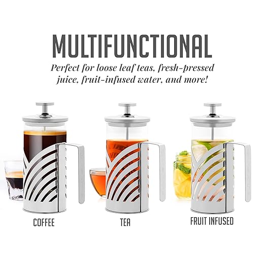 OVENTE French Press Coffee Maker 12 Ounce with Heat Resistant Borosilicate Glass, Stainless Steel Design and 4-Level Filter System, Portable Cold Brewer Pot for Travel, Camping or Gift, Silver FSD12P