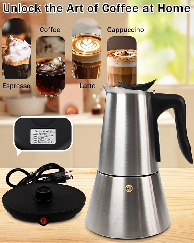 Electric Moka Pot with Detachable Base Stainless Steel Espresso Maker 10oz 6 Cup 300ml Silver Italian Coffee Maker for Kitchen Home 110V