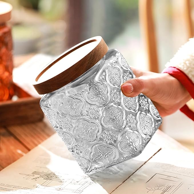 Glass Jar with Lid, Vintage Glass Storage Jars with Airtight Lid Coffee Canister Sugar Container for Kitchen Counter Pantry, Flour, Candy, Tea, Coffee Beans, Oats (Begonia Square*2)